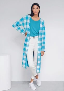 Verschlussloser Strickmantel In Karo-Jacquard Weiß / Türkis