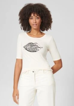 RUNDHALS MIT PAILLETTEN-MOTIV - T-Shirt Print - Creme