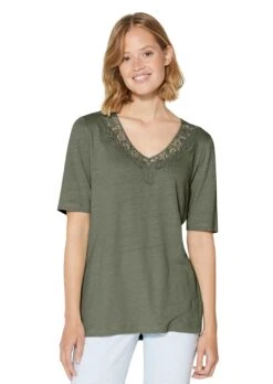 Kurzarm-Shirt Aus Leinen Mit Feinem Spitzen-Akzent Avocado