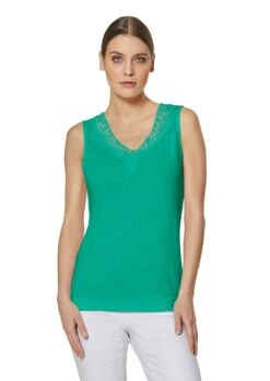 Ärmelloses Leinentop Mit Spitzenbesatz Pfefferminz