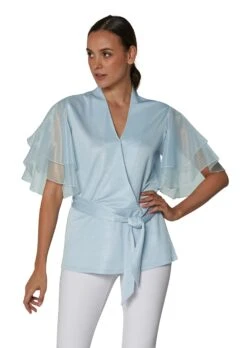 Bluse Im Metallic-Look Mit Transparenten Ärmeln Rauchblau