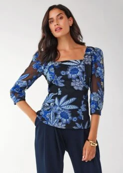 Semitransparente Organzabluse Mit Floral-Jacquard Marine / Multicolor