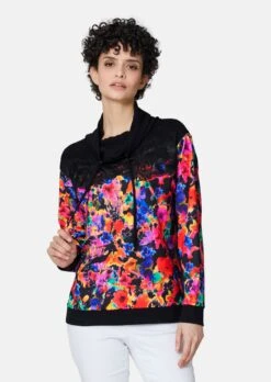 Sweatshirt Mit Floralem Print Und Spitzen-Veredelung Schwarz / Multicolor