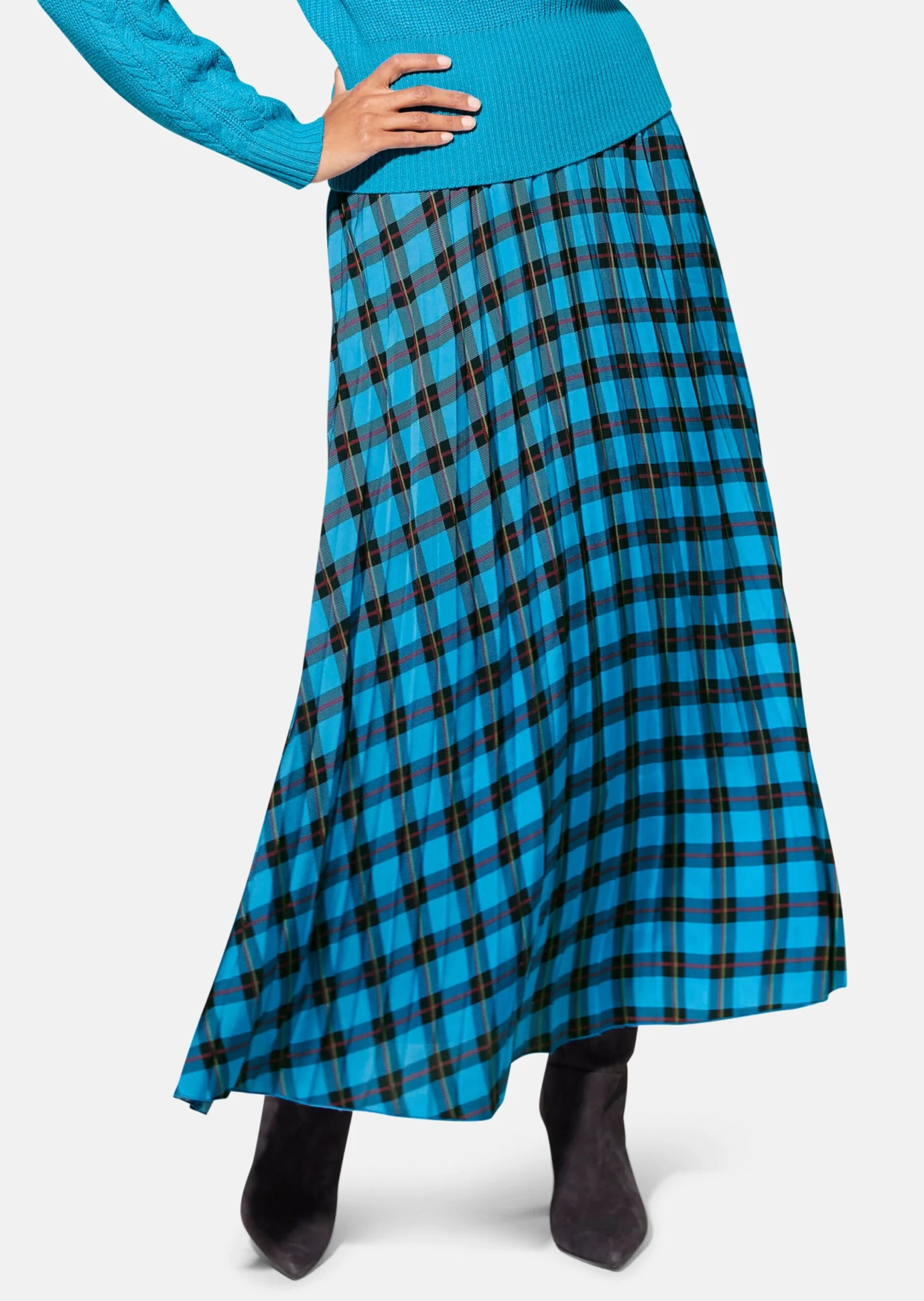 Langer Plissee-Rock In Angesagtem Karo-Dessin Seeblau / Multicolor 3 Langer Plissee-Rock In Angesagtem Karo-Dessin Seeblau / Multicolor