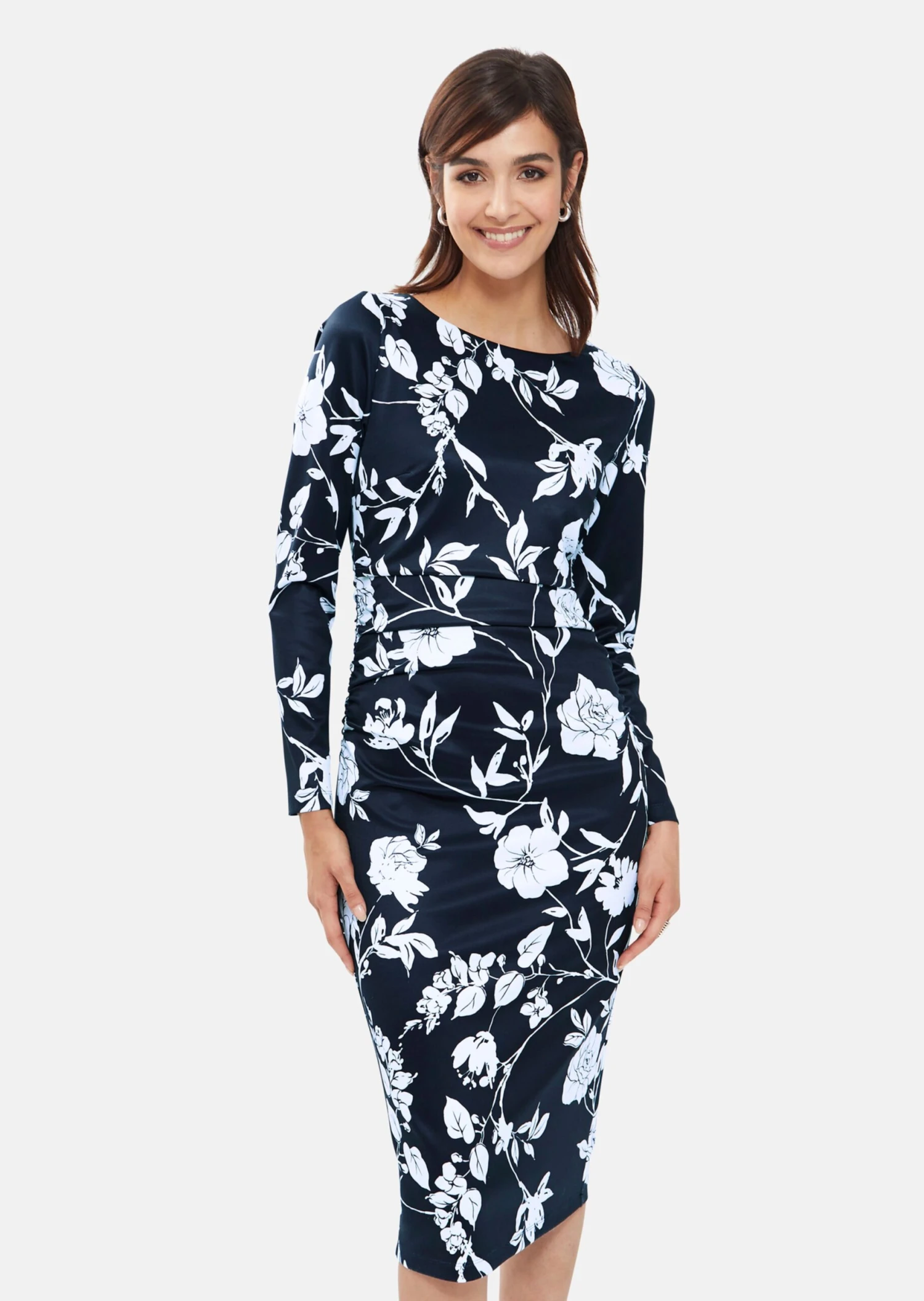 Kleid Mit Blütendruck Und Raffung Marine / Weiß 3 Kleid Mit Blütendruck Und Raffung Marine / Weiß