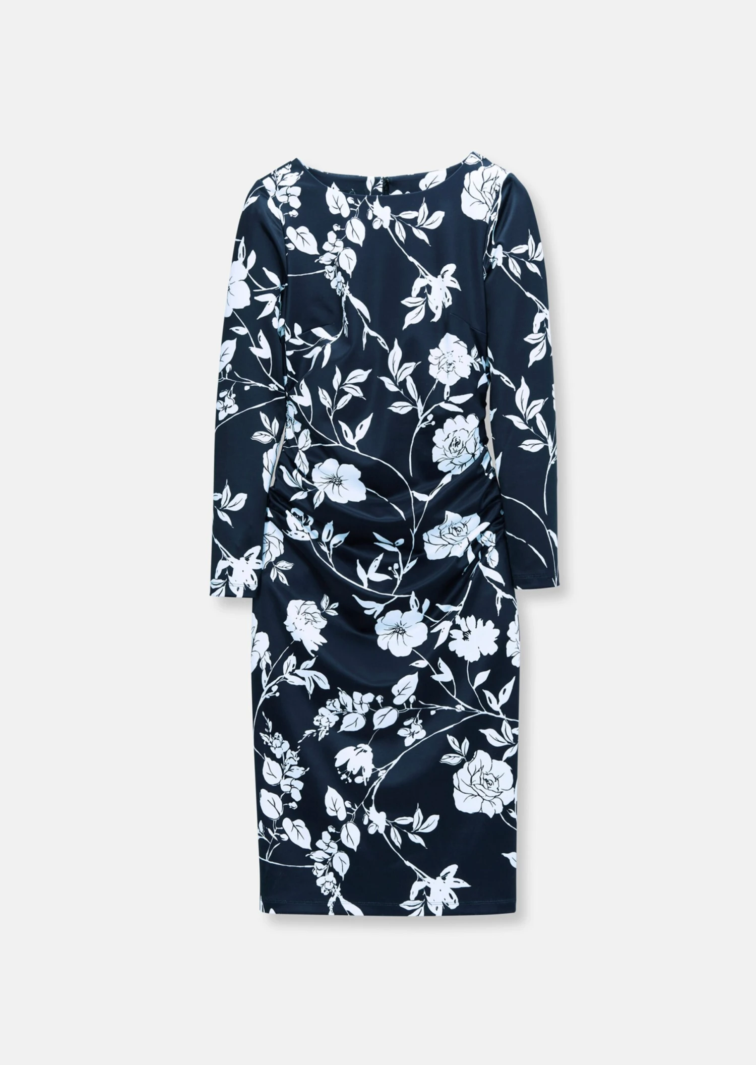 Kleid Mit Blütendruck Und Raffung Marine / Weiß 8 Kleid Mit Blütendruck Und Raffung Marine / Weiß – Bild 6
