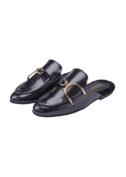 Trendige Pantolette Mit Fellbesatz Schwarz